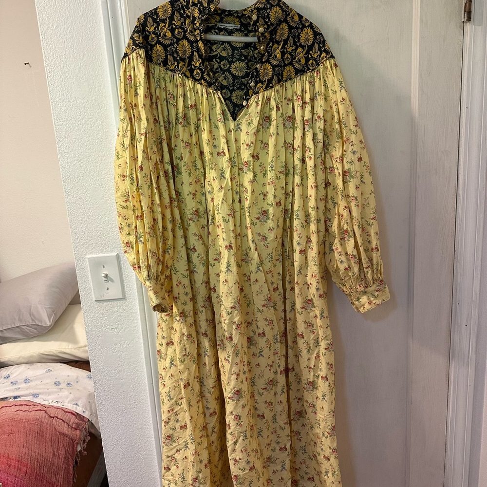 Yellow Floral Dress with Black Lace Detail